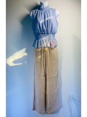 Cider NWT Elastic Waist Textured Beige Pants With Lightweight Fabric For Casual